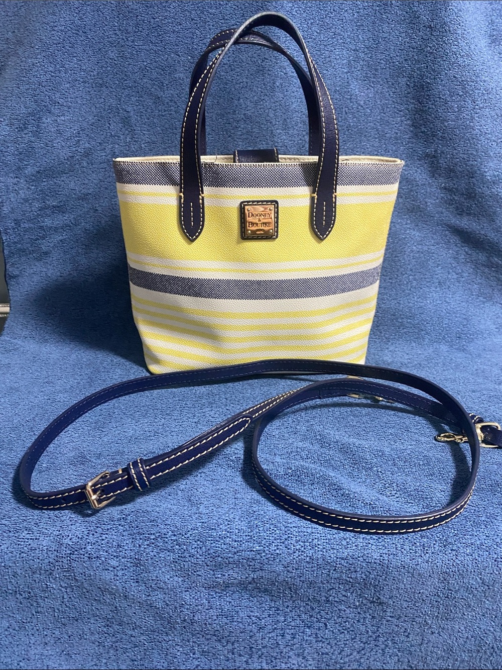 Dooney & Bourke Yellow and Navy Mini Waverly with Navy Leather Trim